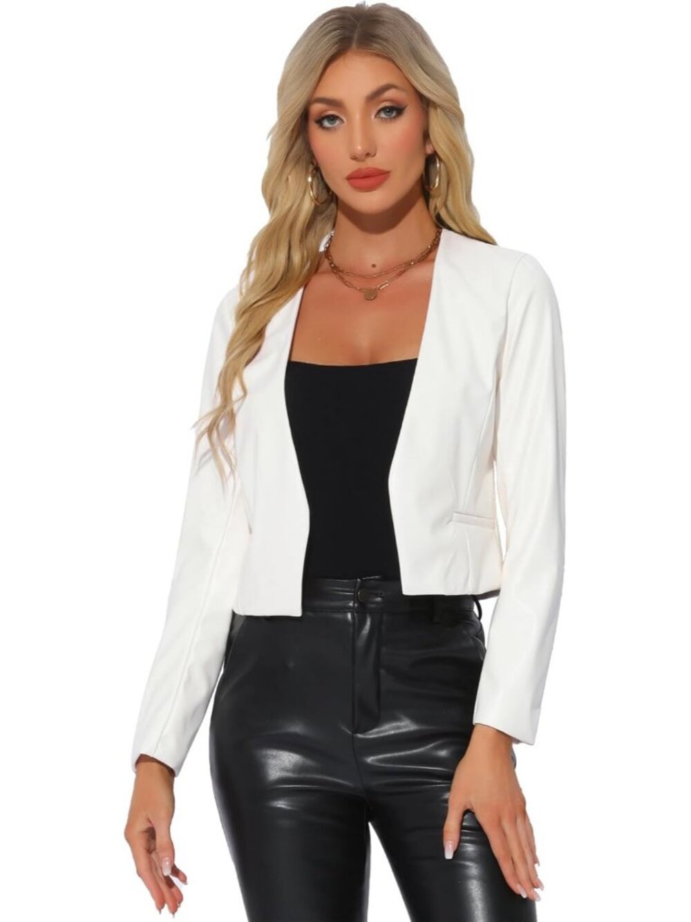 Women White Leather Cropped Collarless Open Front Short Moto Biker Bomber Jacket